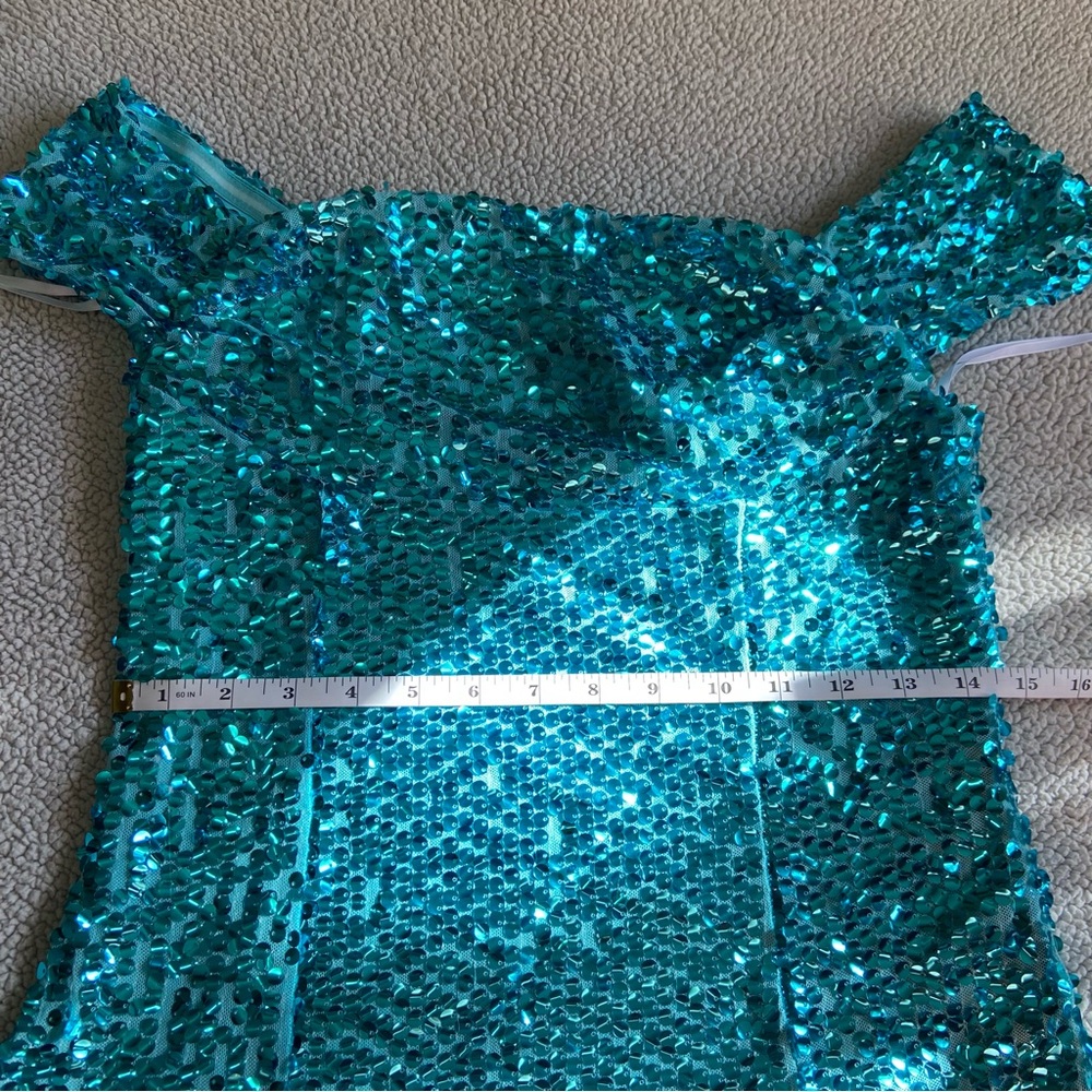 NWOT Lulus Glittering Nights Aqua Blue Sequin Off-the-Shoulder Mini Dress - Picture 6 of 9
